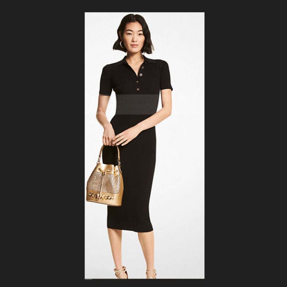 Michael Kors Black logo button ribbbed viscose blend polo dress